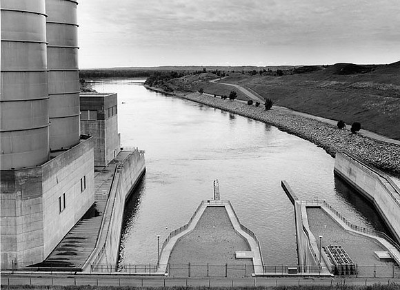 Missouri River exiting  Garrison Dam, looking  south