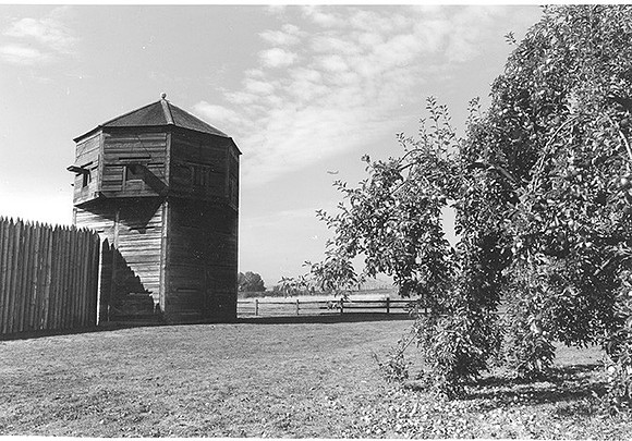 Apple  tree and  Fort  Vancouver reconstrurction Vancouver, WA