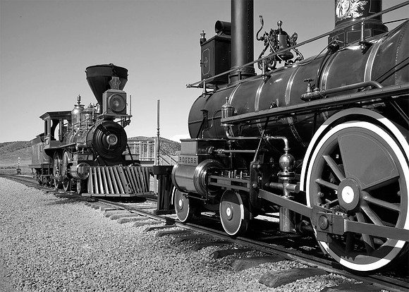 Golden spike  ceremony re  enactment  locomotives,  Promontory Mountains, Utah
