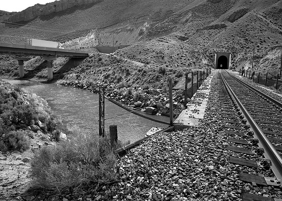 Humboldt River, Tunnel and I-80 in Carlin  Canyon, Nevada