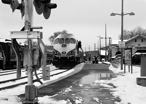 Commuter train backing  into rail depot, Santa Fe, NM